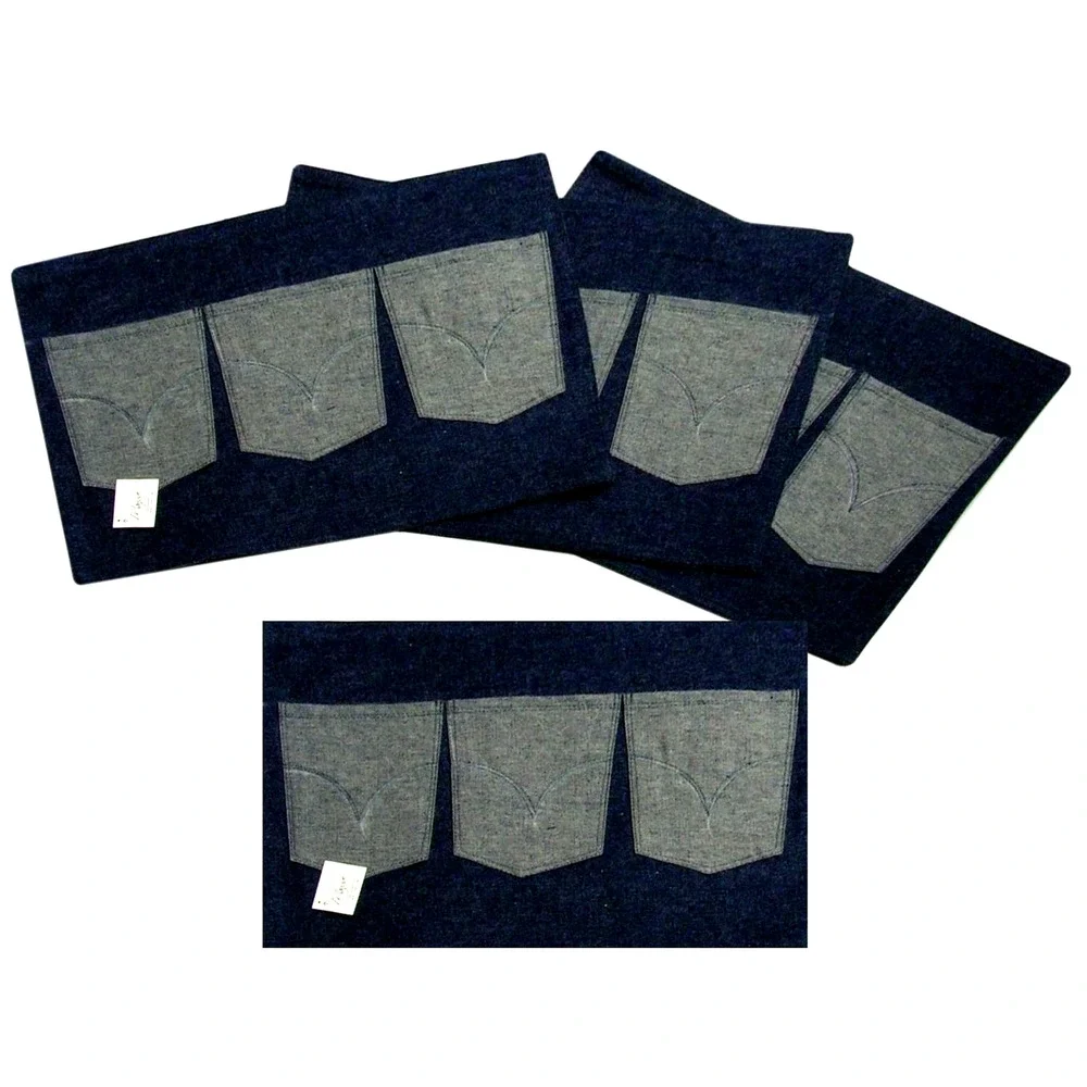 Manual Set of 4 Heavy Duty Denim Placemats 3 Utensil Pockets Blue Cotton 13